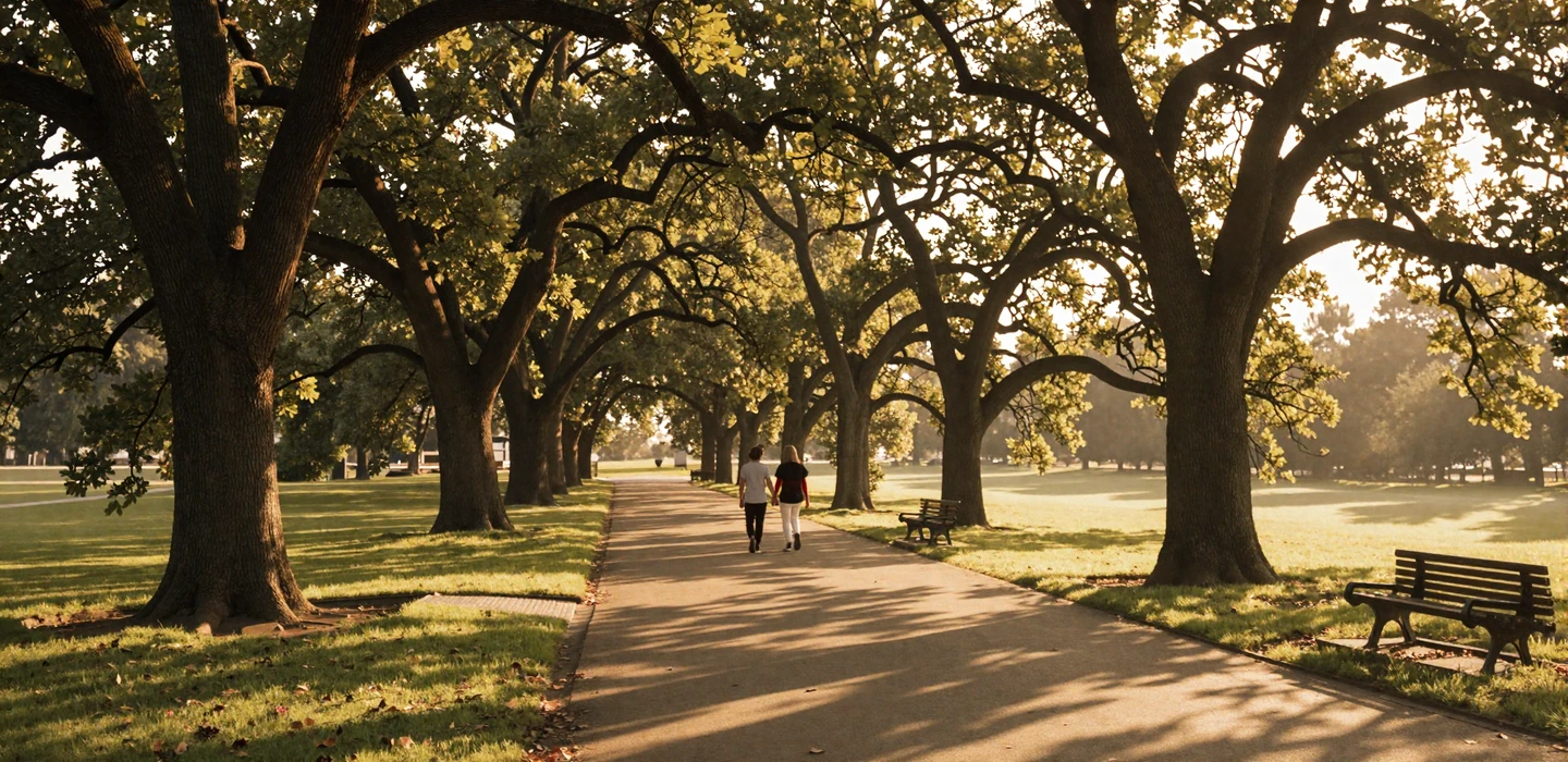 Couple walking together through a sunlit park pathway at golden hour