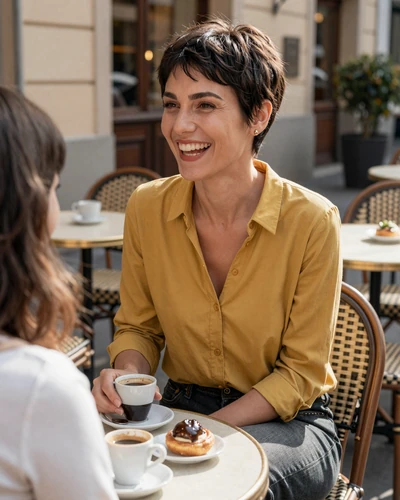 Marina laughing at an outdoor cafe table on a sunny afternoon
