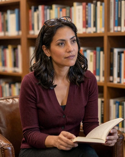 Sofia browsing bookshelves in a sunlit library wearing a burgundy cardigan
