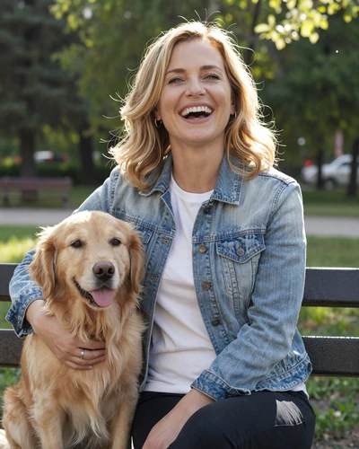 Elena laughing with her golden retriever on a sunny park bench