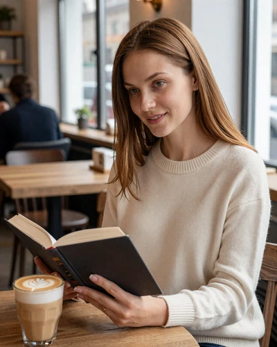 Natalia reading a book in a cozy coffee shop with warm natural lighting